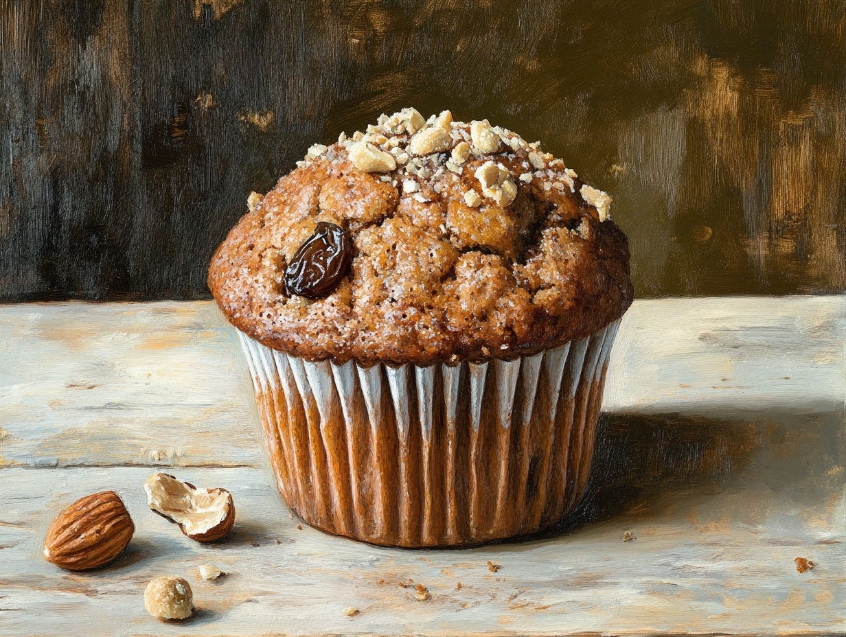 Close-up of Date Nut Muffin on wooden yable table