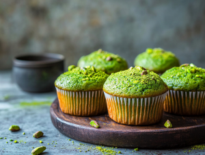 Front view of delicious muffins with Matcha Pistachio