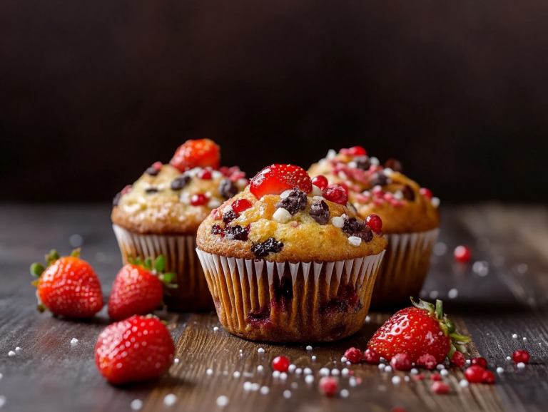 Fruit muffins with Strawberry on a wooden table