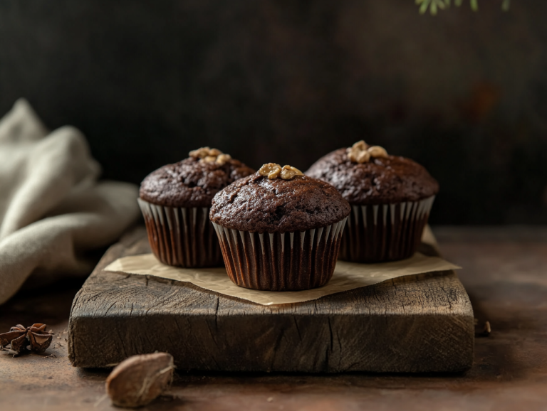 Side view Healthy Chocolate Muffins on a wooden board