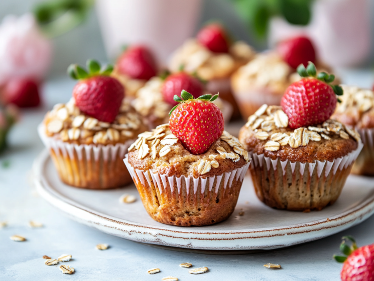 shot of Strawberry Oatmeal Muffins on a decorated table