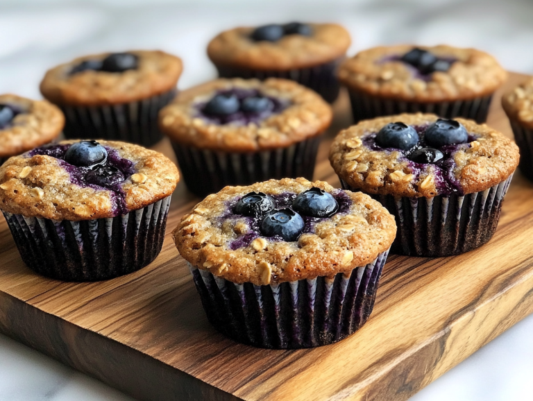 View of delicious Blueberry Oatmeal Muffins on a wooden board