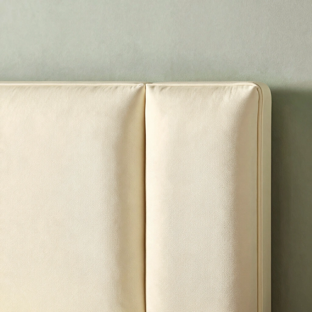 2. Cream Upholstered Headboard Against Soft Sage Walls
